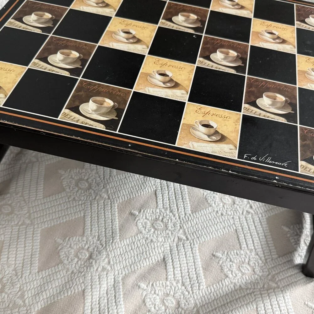 Chess Board Table Vintage Wooden Checkers Combo Game Autor Signed Making a Coffe - Picture 11 of 11